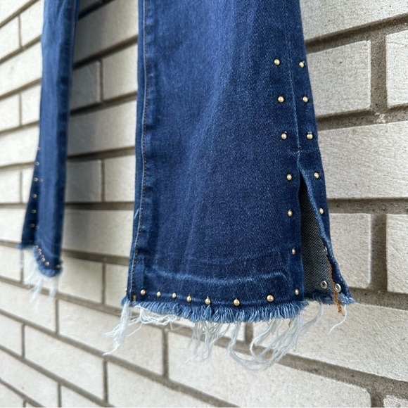 Driftwood Amelia Studded Straight Leg Jeans Dark Wash Raw Hem Side Slit Size 30 - Picture 8 of 14